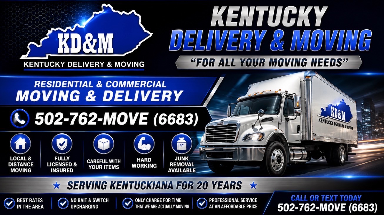Kentucky Delivery & Moving promotional artwork with a branded truck and the phone number 502-762-MOVE (6683)