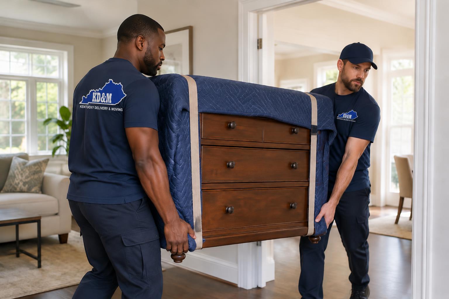 Two movers carrying a large wrapped dresser through a home